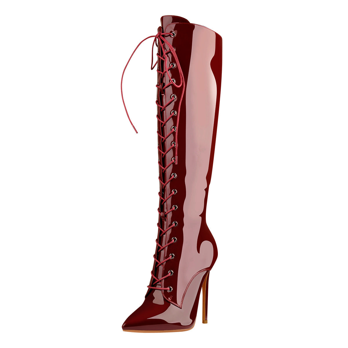 Burgundy Patent Leather Lace Up Knee High Boots - Onlymaker Signature