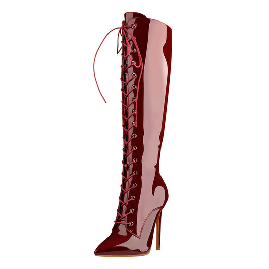 Burgundy Patent Leather Lace Up Knee High Boots - Onlymaker Signature
