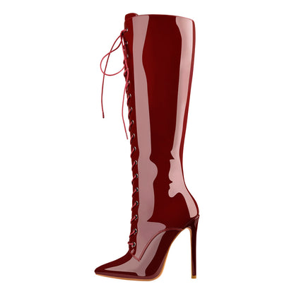 Burgundy Patent Leather Lace Up Knee High Boots - Onlymaker Signature