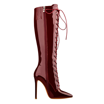 Burgundy Patent Leather Lace Up Knee High Boots - Onlymaker Signature