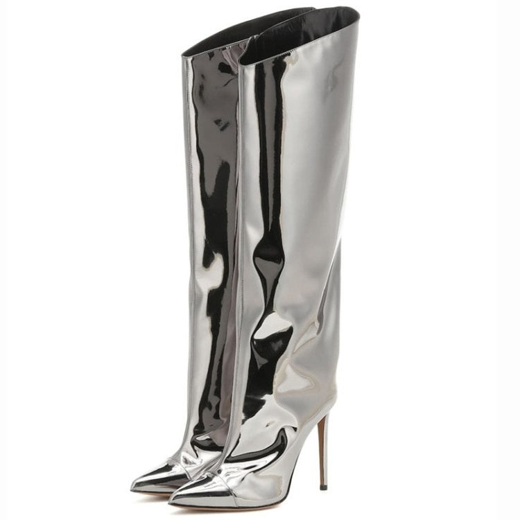 Metallic Leather Stiletto Knee High Boots - Onlymaker Discount