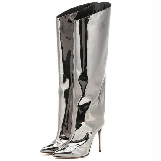 Metallic Leather Stiletto Knee High Boots - Onlymaker Discount