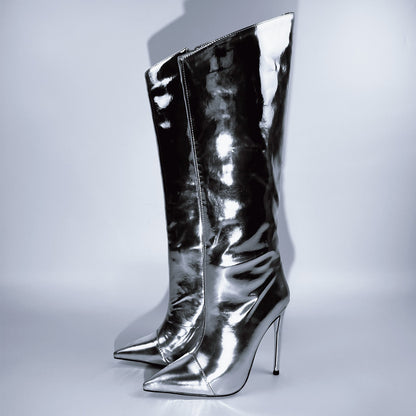 Metallic Leather Stiletto Knee High Boots - Onlymaker Discount