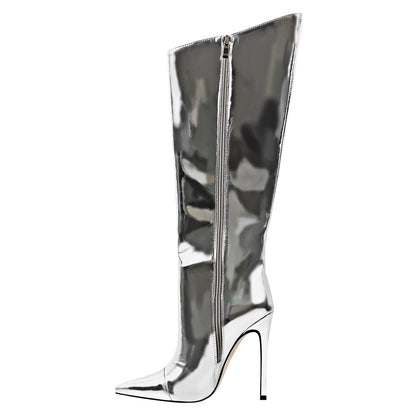 Metallic Leather Stiletto Knee High Boots - Onlymaker Discount