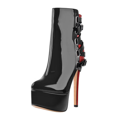 Black Strap Pointed Toe Stilettos Ankle Boots - Onlymaker Deals