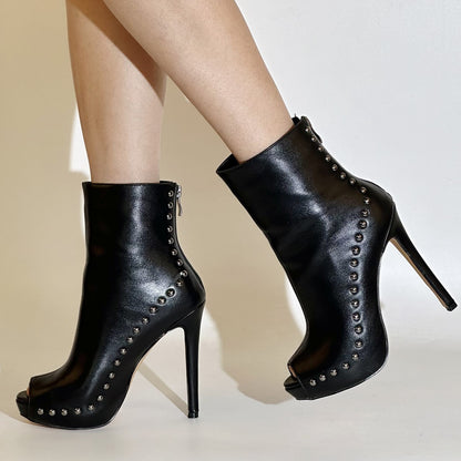 Peep Toe Platform Stiletto High Heel Rivet Ankle Boots - Onlymaker Quality