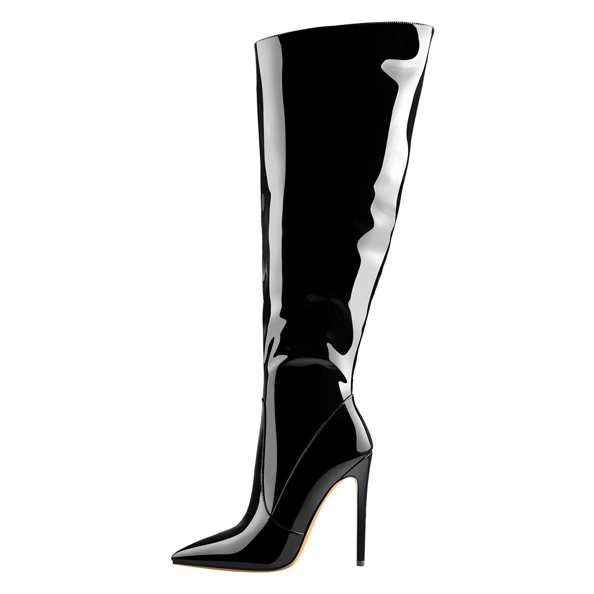 Black Patent Leather Zip Pointed Toe Knee High Boots - Onlymaker Classic
