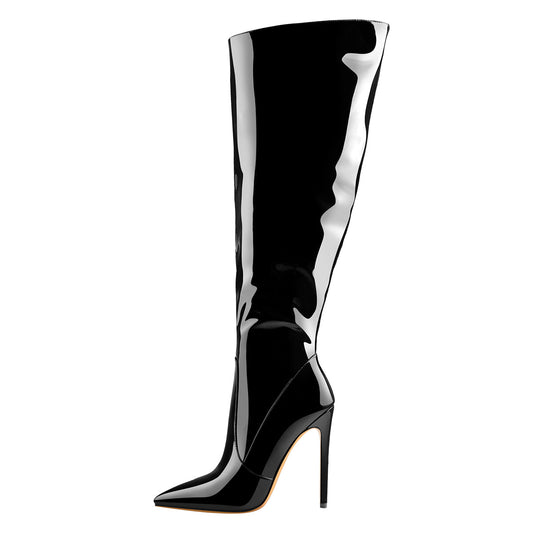 Black Patent Leather Zip Pointed Toe Knee High Boots - Onlymaker Classic