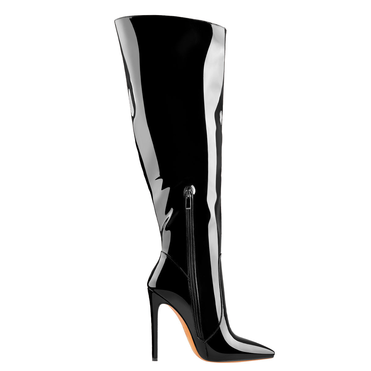 Black Patent Leather Zip Pointed Toe Knee High Boots - Onlymaker Classic
