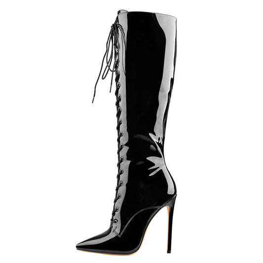 Black Patent Leather Lace Up Pointed Toe Knee High Boots - Onlymaker Best Price