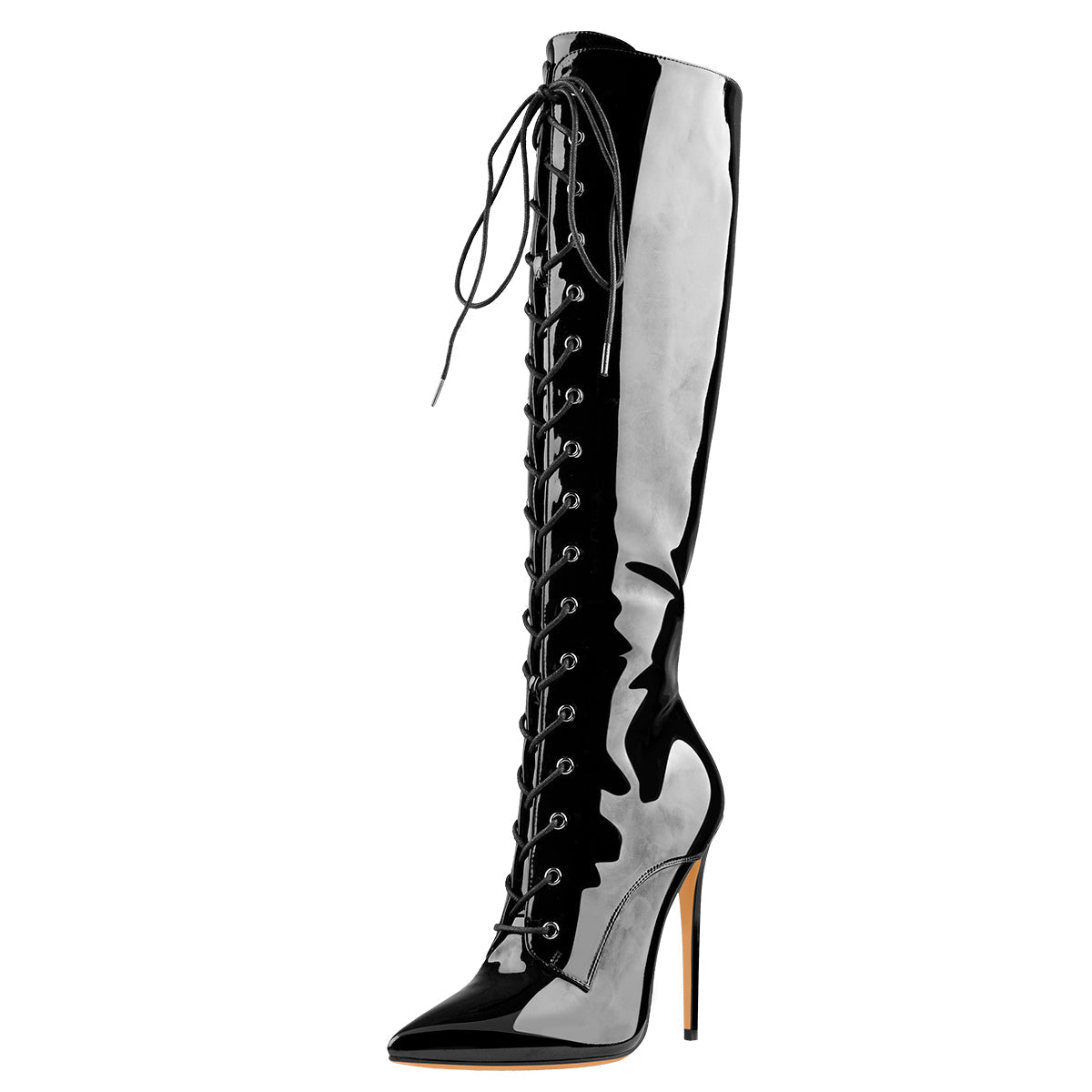 Black Patent Leather Lace Up Pointed Toe Knee High Boots - Onlymaker Best Price