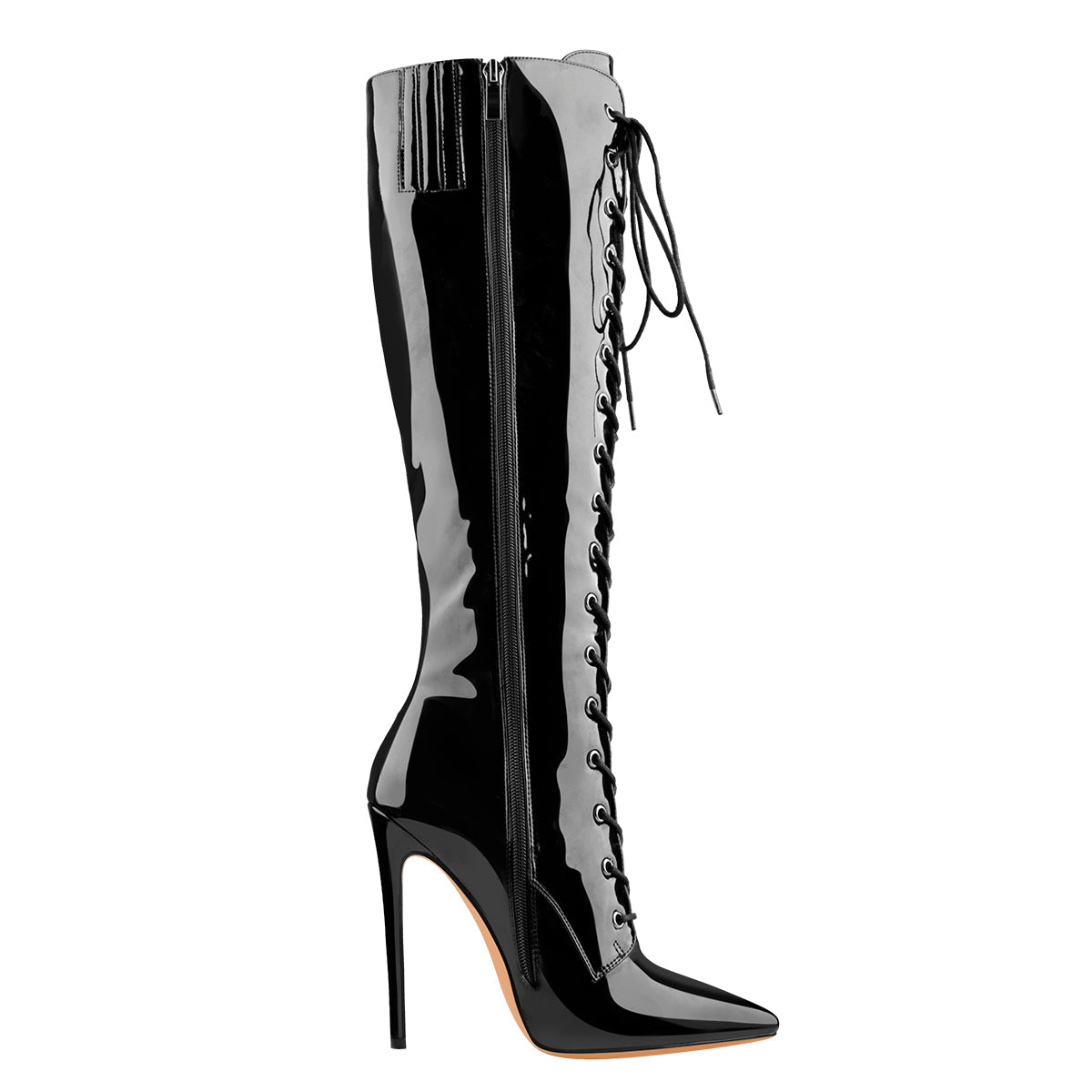 Black Patent Leather Lace Up Pointed Toe Knee High Boots - Onlymaker Best Price