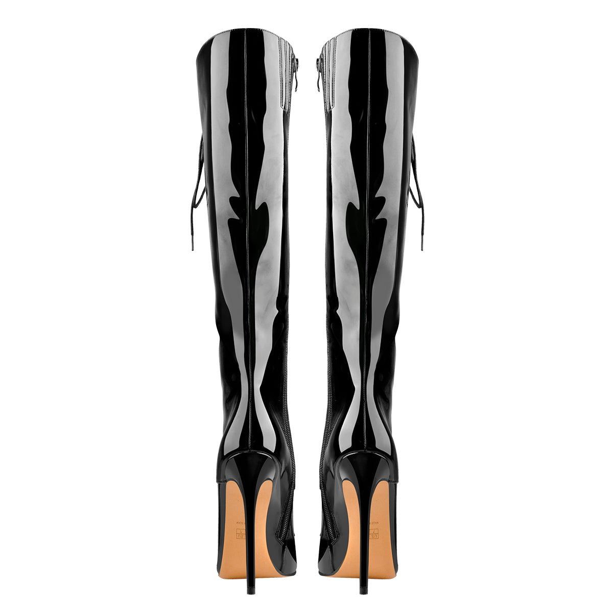 Black Patent Leather Lace Up Pointed Toe Knee High Boots - Onlymaker Best Price