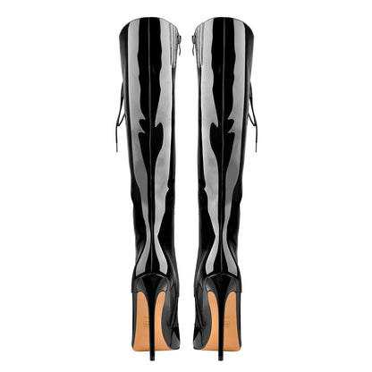 Black Patent Leather Lace Up Pointed Toe Knee High Boots - Onlymaker Best Price