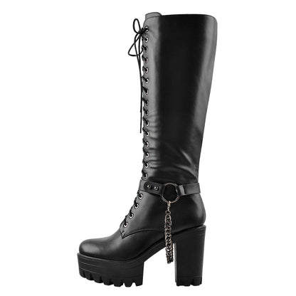 Black Platform Knee High Chunky Heel Boots - Onlymaker Best Price