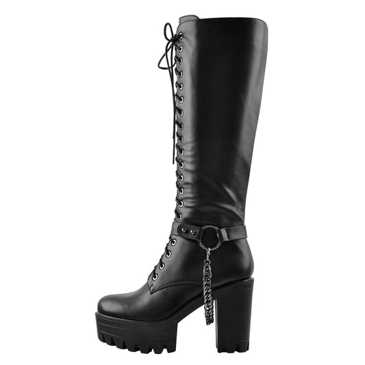 Black Platform Knee High Chunky Heel Boots - Onlymaker Best Price