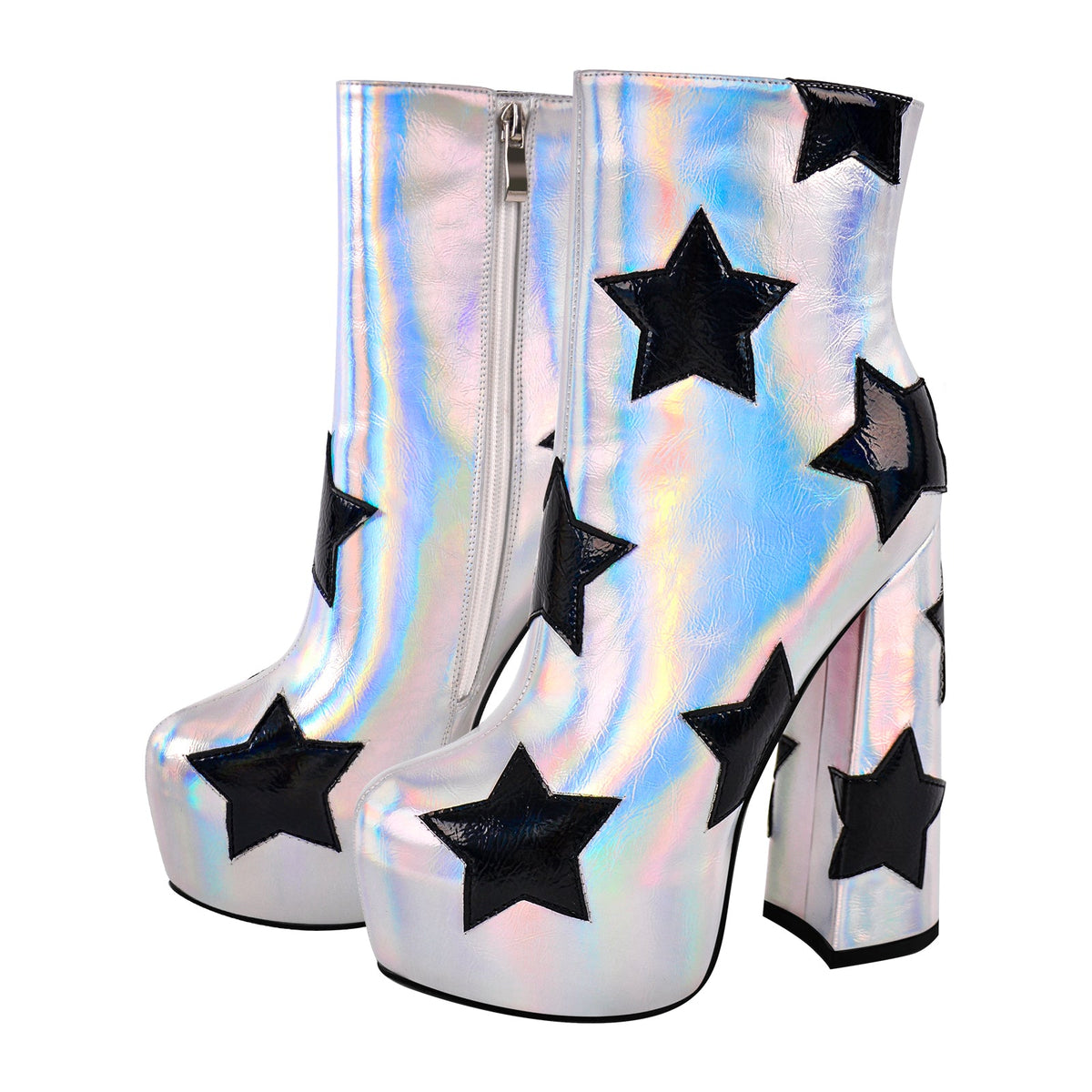 Platform Round Toe Chunky Heel Silver Star Boots - Onlymaker Best Price