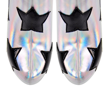 Platform Round Toe Chunky Heel Silver Star Boots - Onlymaker Best Price