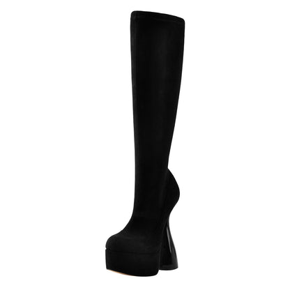 Black Round Toe Suede Platform High Heel Boots - Onlymaker Trending