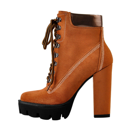 Brown Round Toe Platform Lace Chunky High Heels Ankle Boots - Onlymaker Exclusive
