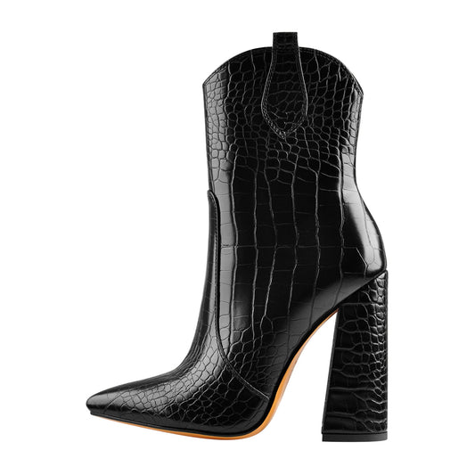 Black Pointed Toe Chunky Ankle Boots - Onlymaker Premium