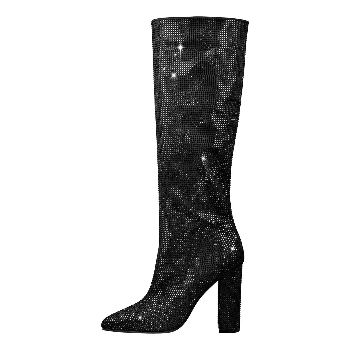 Pointed toe Chunky Heels Rhinestone Knee High Boots - Onlymaker Trending