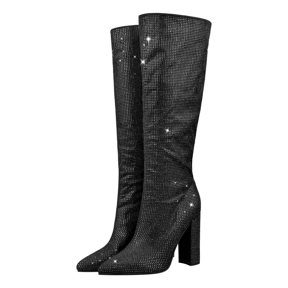 Pointed toe Chunky Heels Rhinestone Knee High Boots - Onlymaker Trending