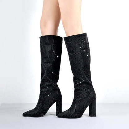 Pointed toe Chunky Heels Rhinestone Knee High Boots - Onlymaker Trending