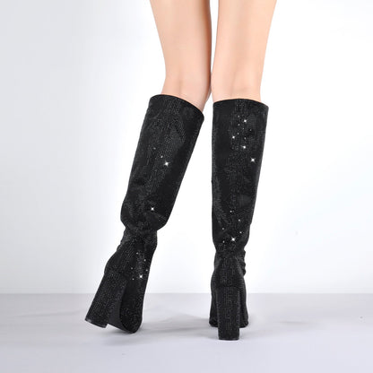 Pointed toe Chunky Heels Rhinestone Knee High Boots - Onlymaker Trending