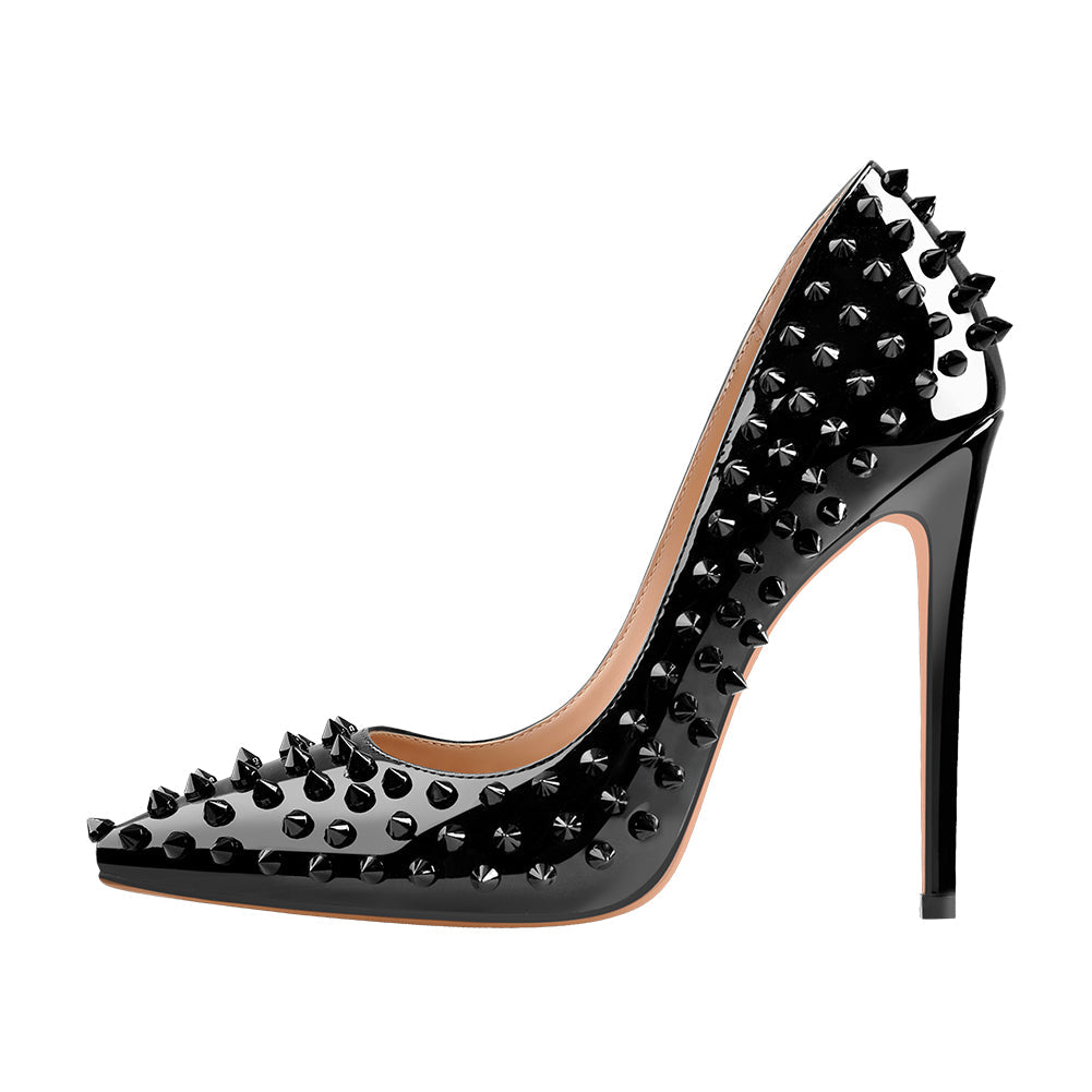 Pointed Toe Rivets Pumps Black Patent Leather Studded High Heels Pumps - Onlymaker Customer Favorite