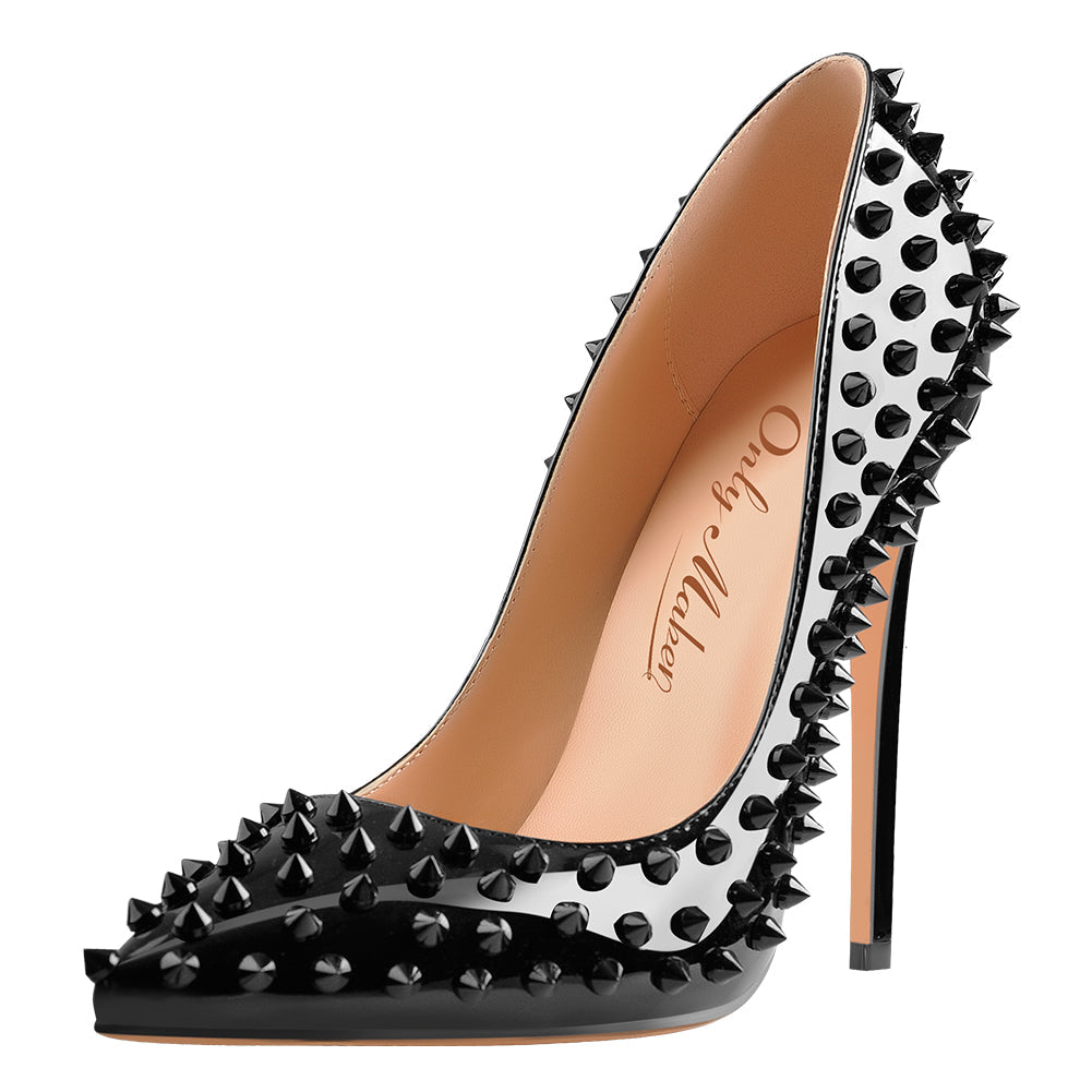 Pointed Toe Rivets Pumps Black Patent Leather Studded High Heels Pumps - Onlymaker Customer Favorite