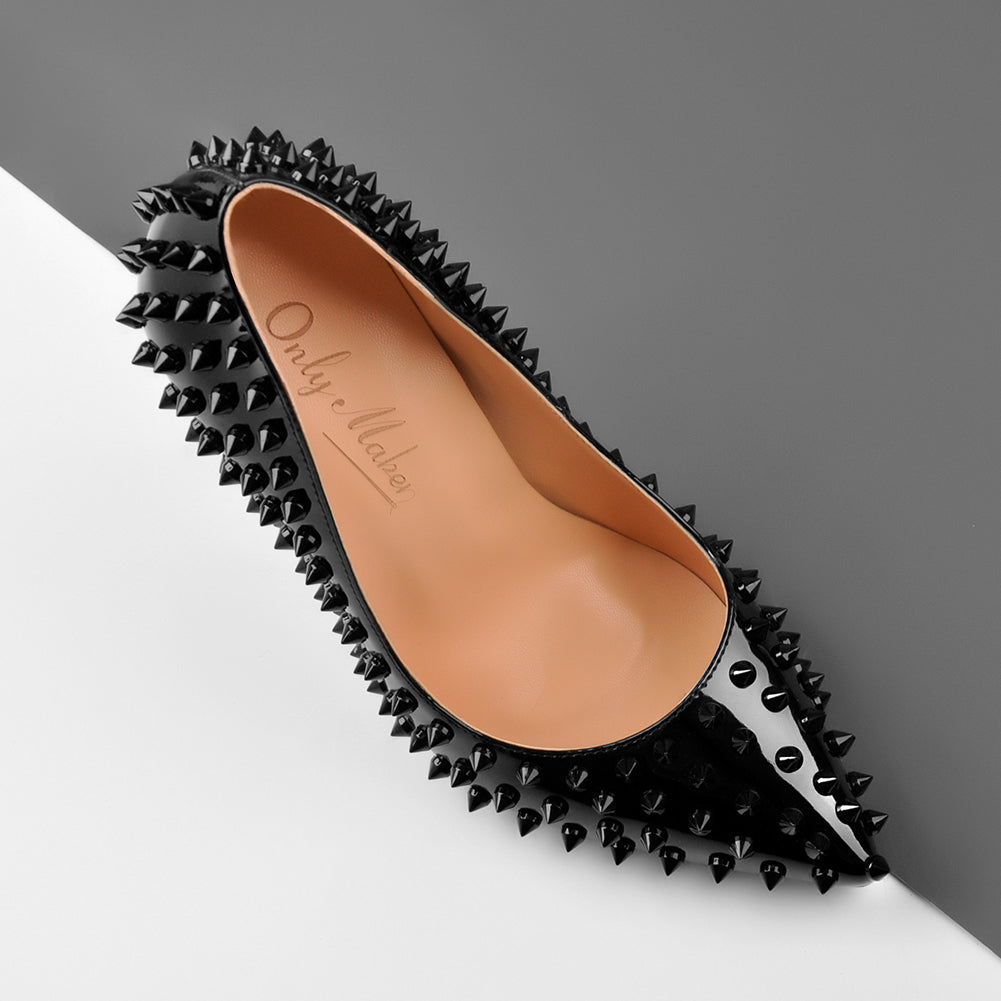Pointed Toe Rivets Pumps Black Patent Leather Studded High Heels Pumps - Onlymaker Customer Favorite