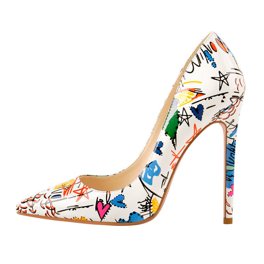 Graffiti Colorful Stiletto Pointed Toe 12cm High Heels Pumps - Onlymaker Classic