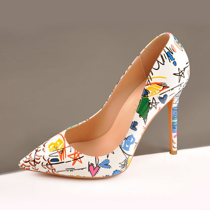 Graffiti Colorful Stiletto Pointed Toe 12cm High Heels Pumps - Onlymaker Classic