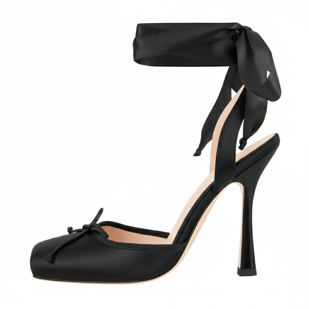 Square Toe Bow Satin Ankle Strap Pumps - Onlymaker Customer Favorite