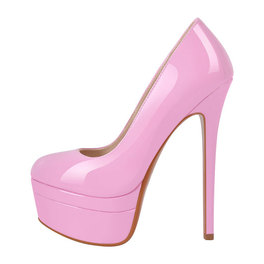Double Platform Patent Leather Round Toe High Heels - Onlymaker Deals