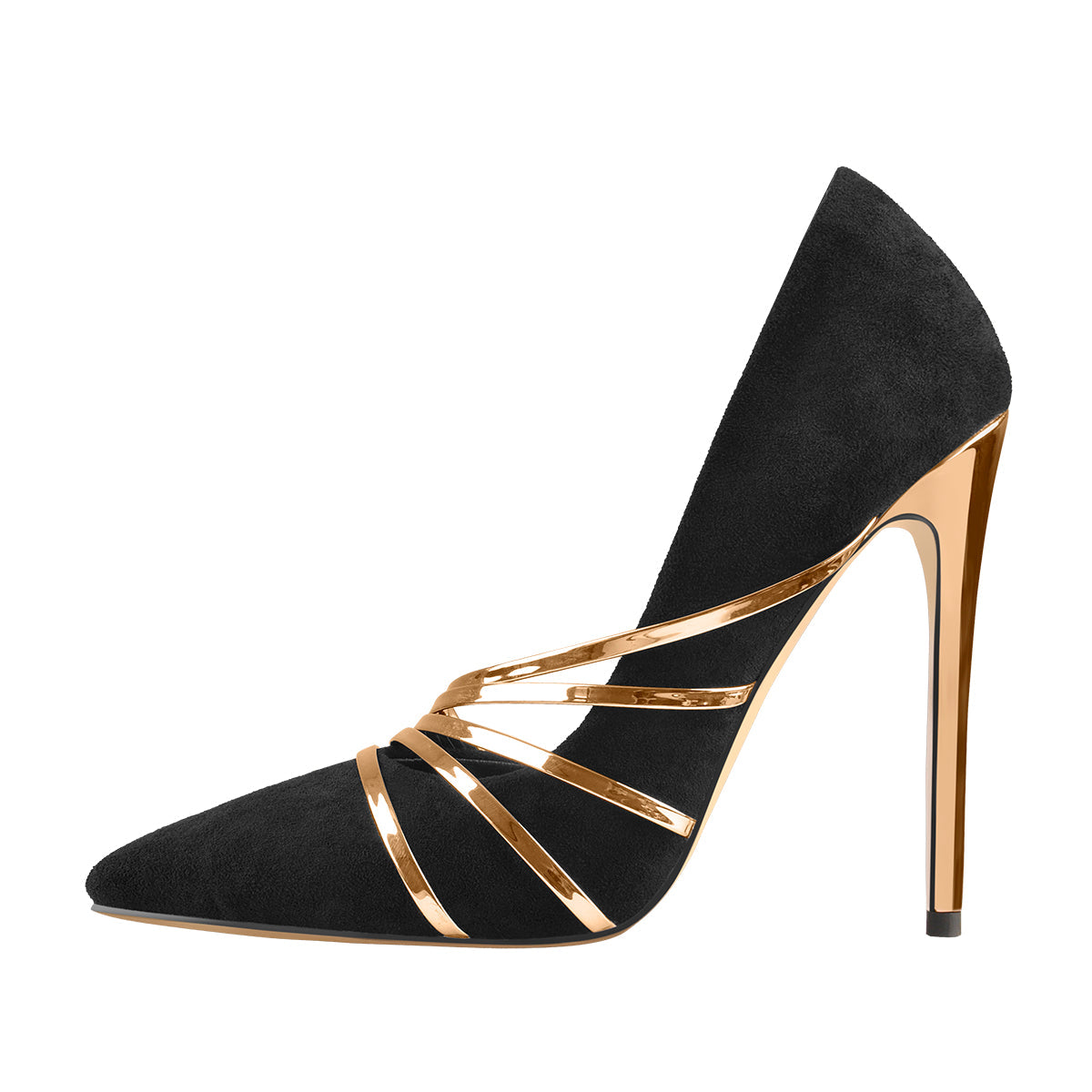 Pointed Toe Black Suede High Heel Gold Stiletto Pumps - Onlymaker Top Pick