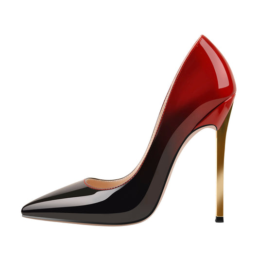 Black Red Gradient Patent Leather Metal Heels Pumps - Onlymaker Best Seller