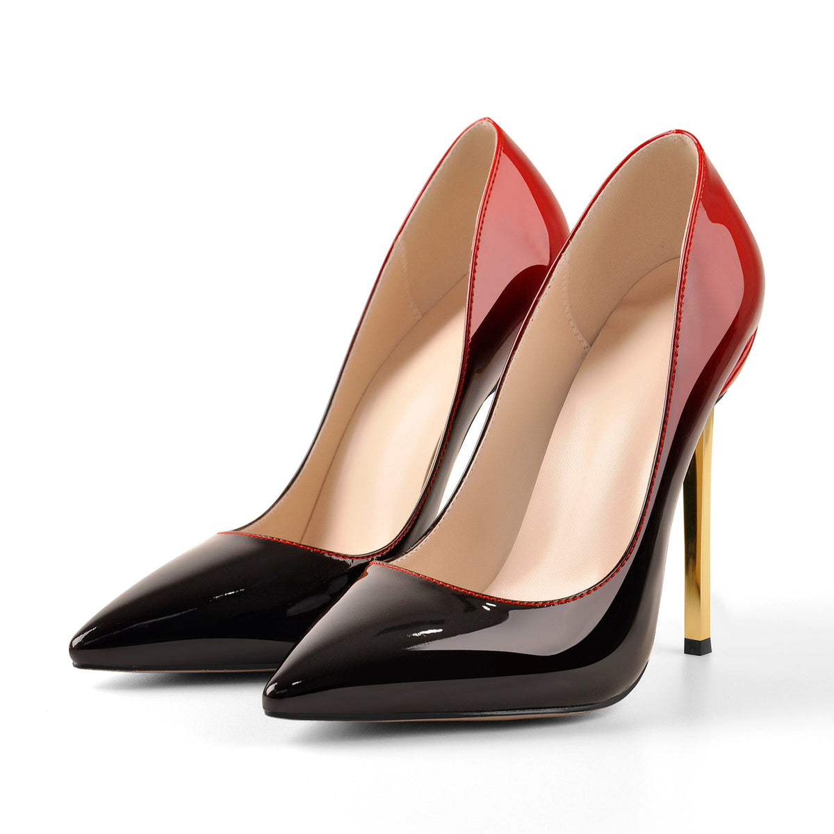 Black Red Gradient Patent Leather Metal Heels Pumps - Onlymaker Best Seller