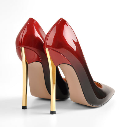 Black Red Gradient Patent Leather Metal Heels Pumps - Onlymaker Best Seller