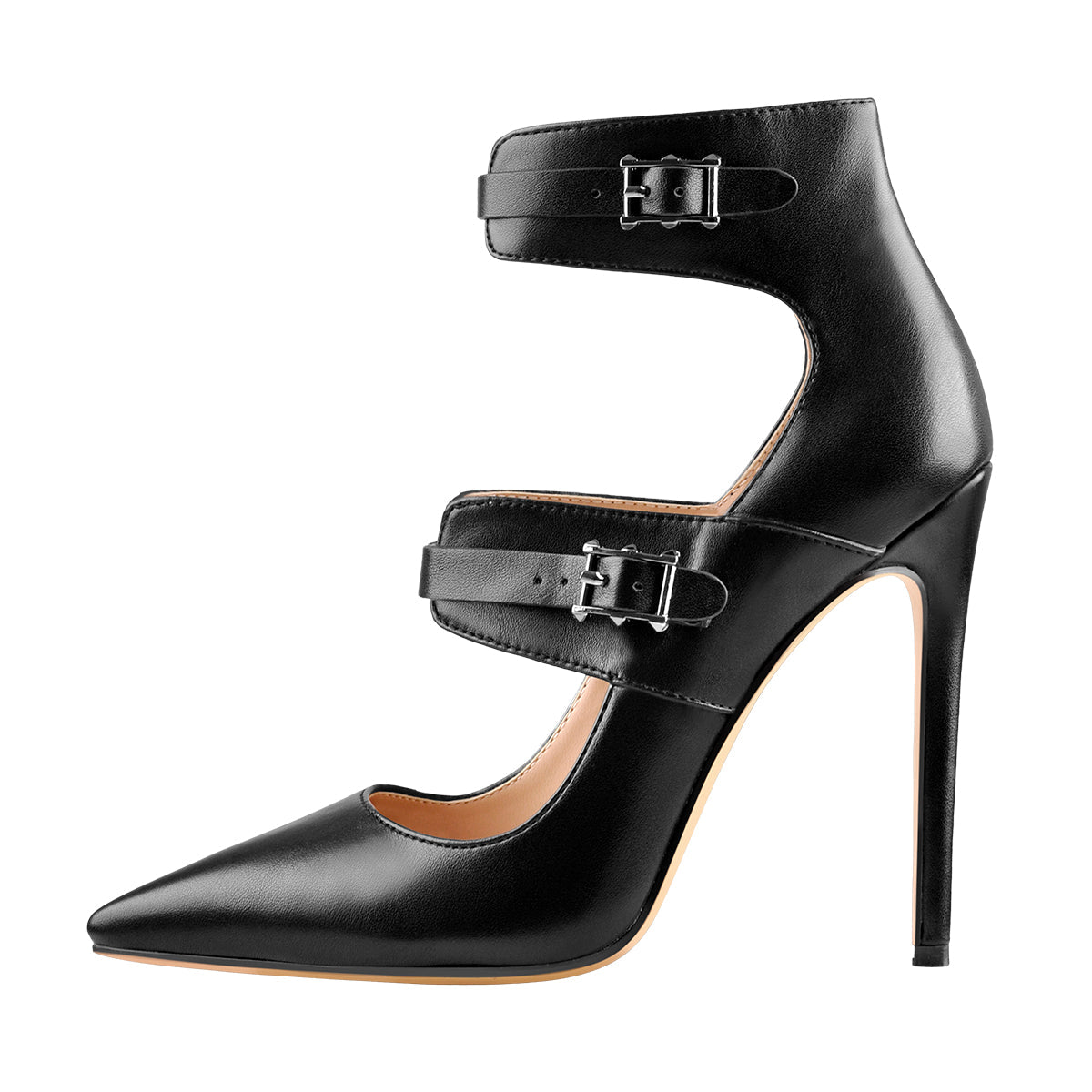 Black Matte Pointed Toe Double Buckle Straps Stiletto Pumps - Onlymaker Great Value