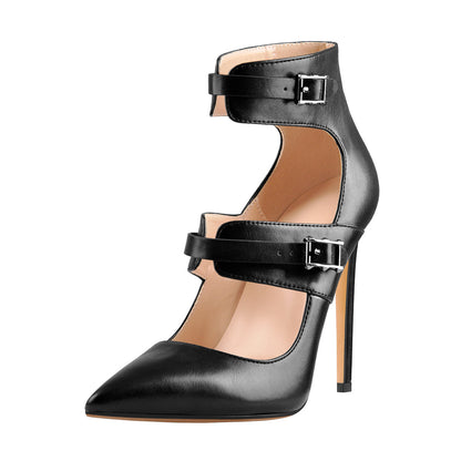 Black Matte Pointed Toe Double Buckle Straps Stiletto Pumps - Onlymaker Great Value