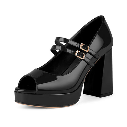 Peep Toe Platform Mary Jane Chunky Heels - Onlymaker Special Offer