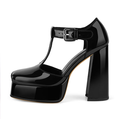 Square Toe Platform Buckle T-Strap Pumps - Onlymaker Deals
