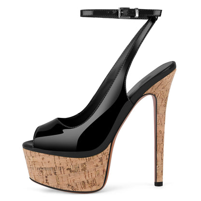 Peep Toe Wood Grain Platform Ankle Strap Slingback Heels - Onlymaker Best Price