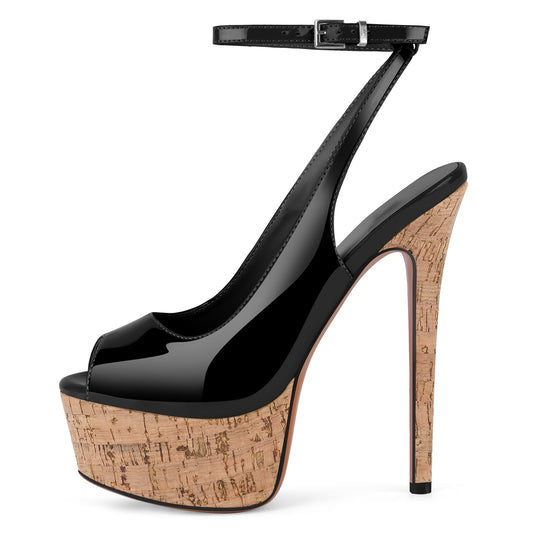 Peep Toe Wood Grain Platform Ankle Strap Slingback Heels - Onlymaker Best Price