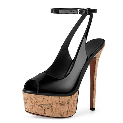 Peep Toe Wood Grain Platform Ankle Strap Slingback Heels - Onlymaker Best Price