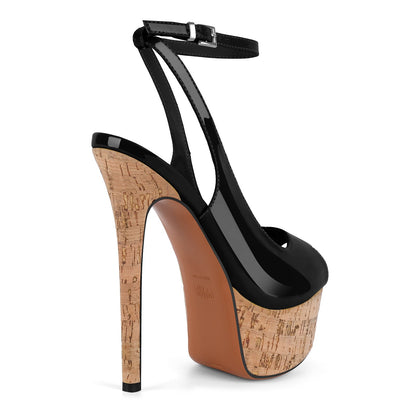 Peep Toe Wood Grain Platform Ankle Strap Slingback Heels - Onlymaker Best Price
