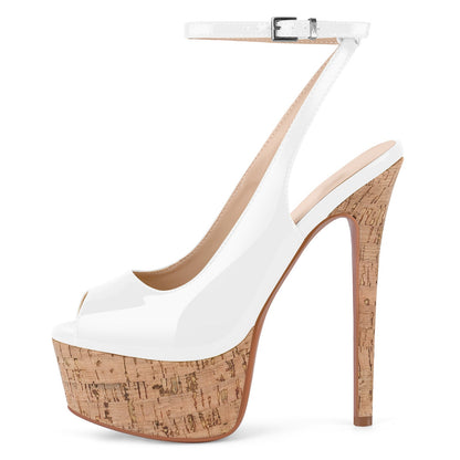 Peep Toe Wood Grain Platform Ankle Strap Slingback Heels - Onlymaker Best Price