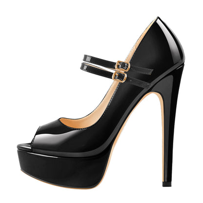Black Peep Toe Platform Buckle Stiletto Pumps - Onlymaker Featured